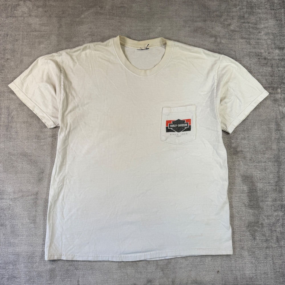 Harley Davidson Shirt Mens XL White Thunder Mountain Pocket Tee Biker Vtg Y2K